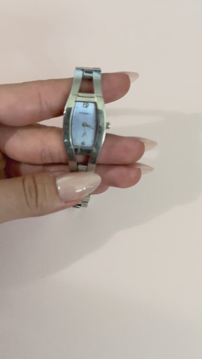 Silver Fossil band with purple face 7inches